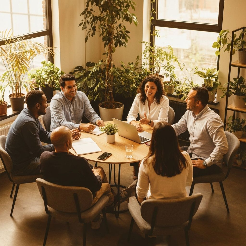 People having a lively English conversation in a warm, modern space